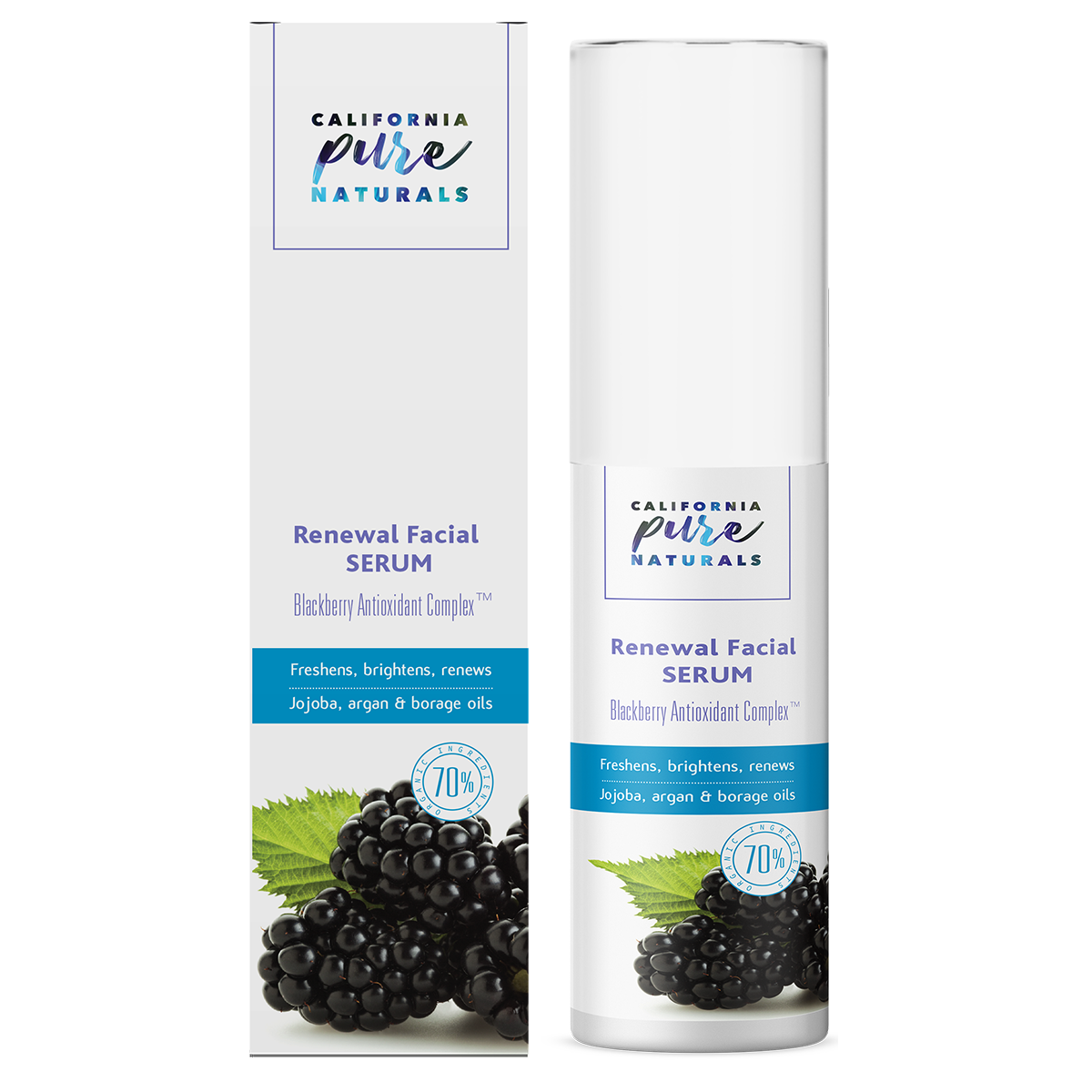 Renewal Facial Serum with 70% organic and 100% vegan ingredients by California Pure Naturals.