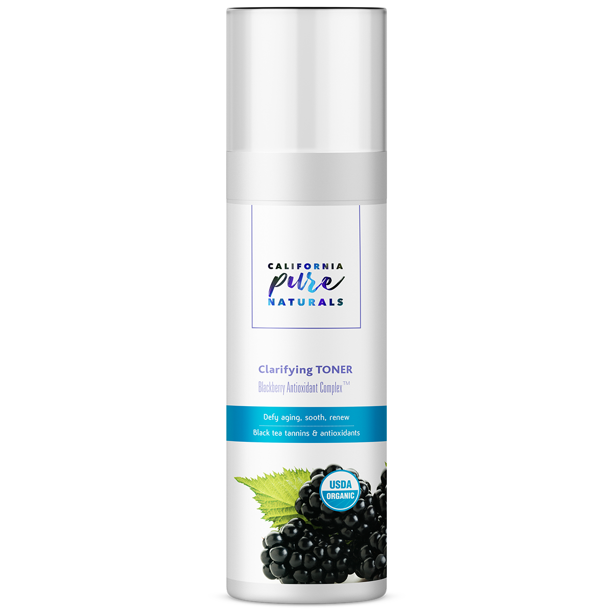 USDA Organic Clarifying Toner by California Pure Naturals featuring the blackberry antioxidants on the packaging.